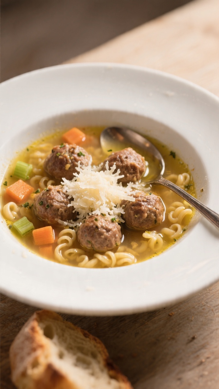 Cozy straight-on plated soup scene: mini turkey-beef meatballs bobbing in a clear, golden broth with tiny ditalini pasta; parmesan “snow” freshly grated over top, melting slightly; flecks of Italian seasoning and garlic aroma implied, a drizzle of olive oil shimmering on the surface; carrot and celery dice optional but background-neutral; served in a wide white bowl with a spoon resting on the rim, warm tungsten light for comfort-food ambiance, crusty bread off to the side slightly out of focus.