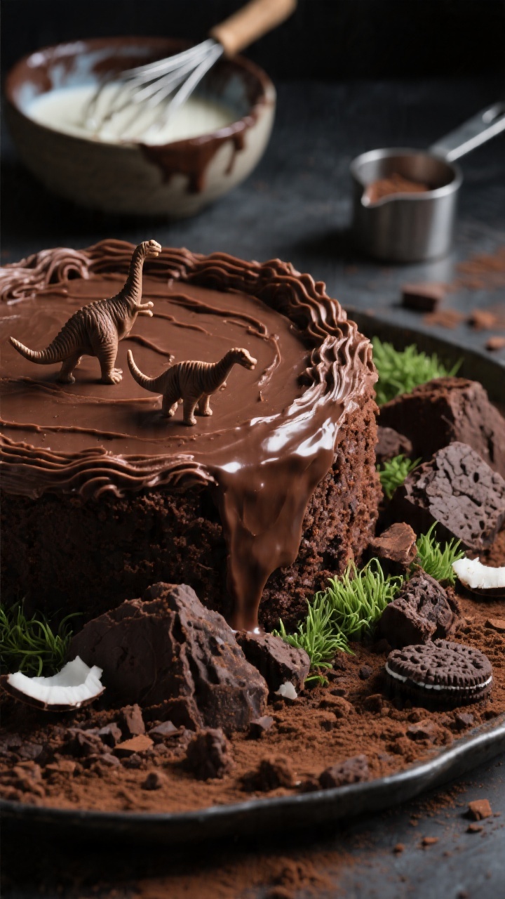 Dramatic close-up of a One-Bowl Chocolate Dinosaur “Terrain” cake: deep, matte chocolate crumb made with natural cocoa, frosted with rustic chocolate buttercream ridges; “terrain” effect created with crumbled cake soil, cocoa dust, and cookie rubble forming hills and valleys; small plastic dinosaur toppers nestled among chocolate rocks and green-tinted coconut “grass”; a glossy swipe of ganache pooling slightly for depth; background hints at ingredients—bowl with buttermilk, whisk with chocolate smears, and a measuring cup—moody side lighting to emphasize rich texture and contrast.