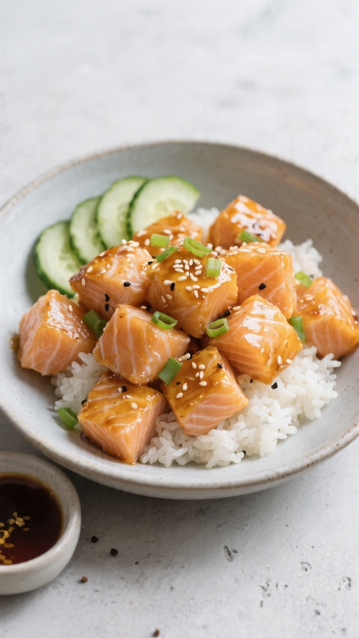 Dynamic overhead bowl shot: golden honey-garlic salmon bites piled over fluffy white rice, 1-inch salmon cubes lightly crisped from a cornstarch toss, lacquered with a glossy soy-honey-garlic glaze; sesame seeds sprinkled, thin cucumber half-moons for cool crunch along the side, a few scallion slices for freshness; subtle black pepper specks visible; neutral oil sheen catches the light; small dish of extra sauce nearby; clean, modern plating on a matte ceramic bowl against a light concrete background.