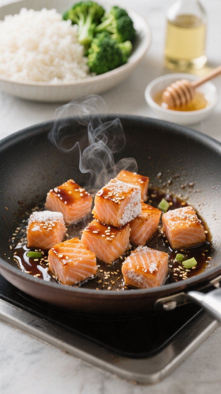 Dynamic skillet process shot at 45 degrees of honey-garlic salmon bites: 1-inch salmon cubes lightly dusted with cornstarch searing in a glossy honey–low-sodium soy sauce glaze, edges caramelized, sesame-like sheen; steam rising, tender flakes just visible on a turned cube; in the background, a shallow bowl of fluffy steamed white rice and bright green steamed broccoli florets ready for plating; neutral oil bottle and a small dish of honey to the side; clean, modern weeknight energy.