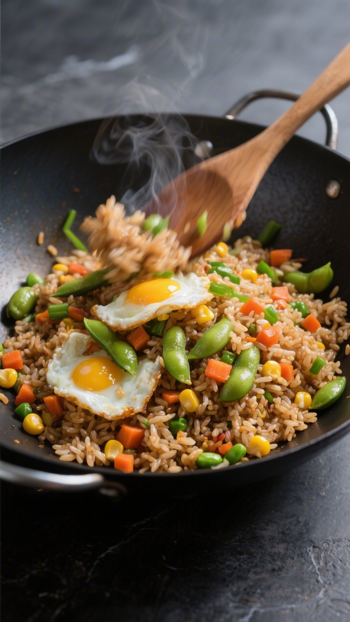 Dynamic wok-side overhead of rainbow fried rice with egg and edamame mid-stir: day-old brown rice tossed with vibrant shelled edamame, tiny diced carrots, corn kernels, peas, and soft scrambled egg ribbons; glossy grains separated and steaming, a wooden spatula creating motion; garnished with a few sliced green onions for pop; dark carbon-steel wok against a matte slate surface, high-contrast light to emphasize color and sheen, no human presence.