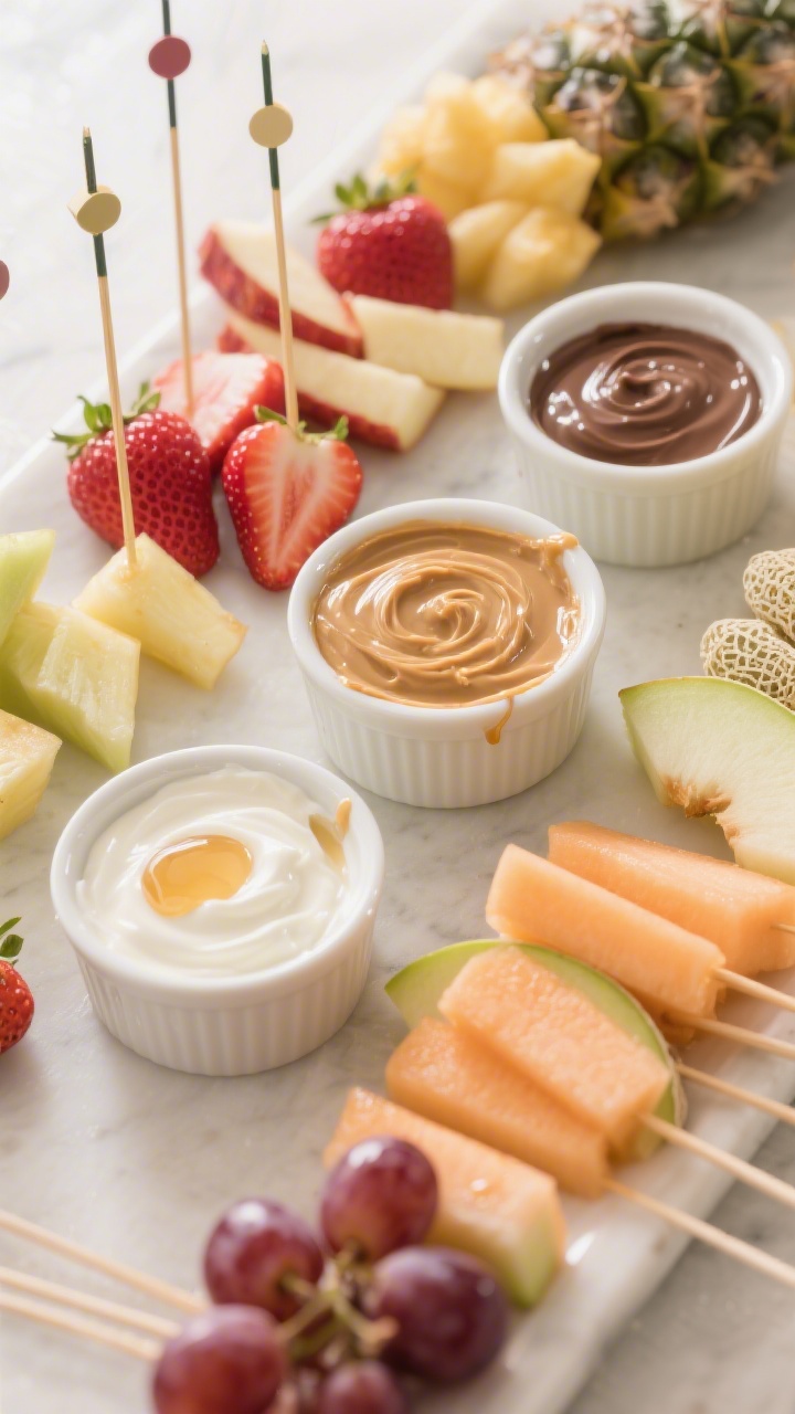 Ingredient-focused dip bar scene at a 45-degree angle: three mini dips in small bowls—creamy yogurt-honey dip, peanut butter or almond butter swirl, and a chocolate or cocoa yogurt dip—each garnished distinctly; arranged around tidy rows of dipper sticks: whole or halved strawberries, pineapple spears, apple sticks, firm cantaloupe/honeydew sticks, and optional grape skewers; clean ramekins, drips artfully visible on bowl rims, neutral backdrop, bright natural light highlighting gloss and freshness, inviting DIY mood.