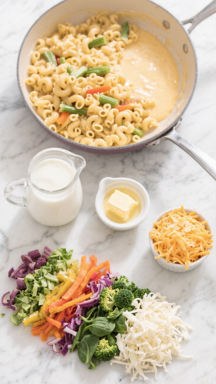 Ingredient-focused overhead flat lay for rainbow veggie mac and cheese: uncooked elbow macaroni, a pitcher of whole milk, a small jug of half-and-half, melted unsalted butter in a ramekin, shredded mild cheddar, shredded mozzarella, and a neat pile of finely grated vegetables with lots of greens (e.g., spinach or broccoli bits) arranged by color; a large saucepan ready for the cheese sauce; clean marble surface, bright airy light, crisp shadows, professional food styling emphasizing creamy, colorful kid-friendly appeal.