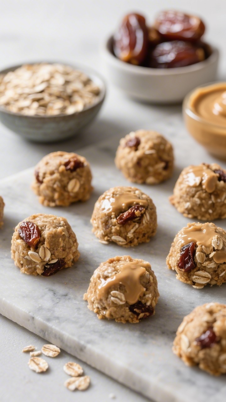 Ingredient-forward close-up of no-bake oatmeal cookie bites on a cool-toned stone surface: neat rows of round bites showing visible rolled oats and flecks of dates, with a moist, glossy finish from peanut/almond butter, honey, and vanilla. In the background, small bowls displaying the key ingredients—rolled oats, pitted Medjool dates, and nut butter—slightly out of focus. Soft natural light, minimal styling, appetizing texture emphasis.