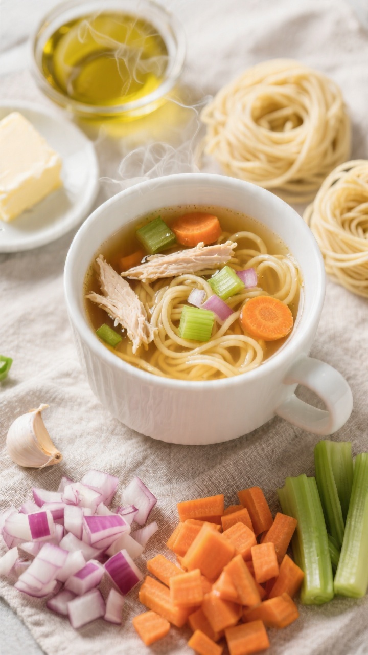 Ingredient-forward overhead shot transitioning to a cozy final: a white mug brimming with chicken noodle soup—clear golden broth, tender carrot and celery dice, tiny onion bits, thin egg noodles curling, and shredded chicken—set on a linen. Surround the mug with tidy piles of the raw base: finely diced onion, carrot, celery, a smashed small garlic clove, a pat of butter/olive oil, and dry noodles. Gentle steam visible, inviting, homestyle vibe with clean, bright lighting.