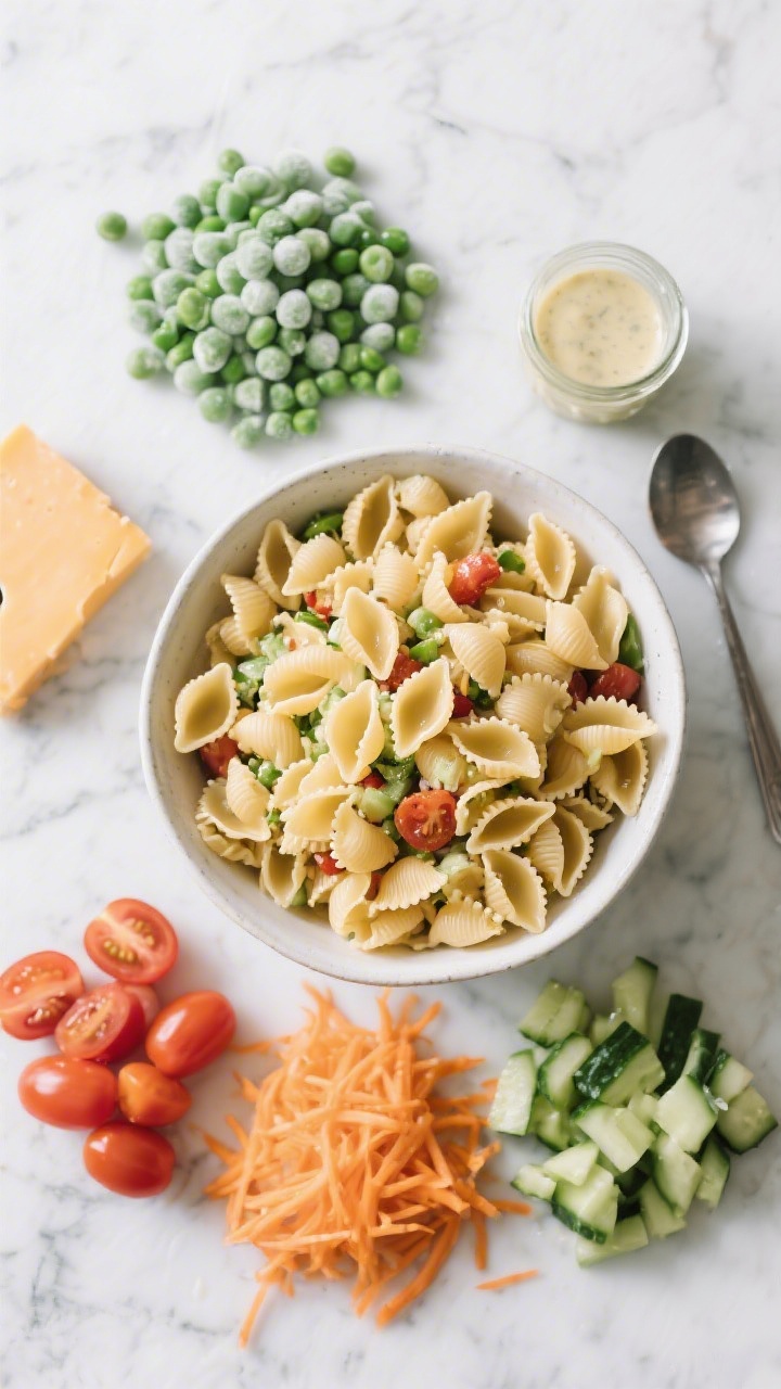 Ingredient-prep flat lay for a no-boil pasta salad: a large mixing bowl with cooked small pasta shapes (rotini or shells) glistening, surrounded by neat piles of thawed frozen peas, halved cherry tomatoes, shredded carrots, diced cucumber, and shredded cheese. A small jar or bowl of simple dressing off to the side, serving spoon ready. Colors pop against a cool marble surface; focus on crisp textures and vibrant mix-ins, professional, appetizing styling, no hands or people.