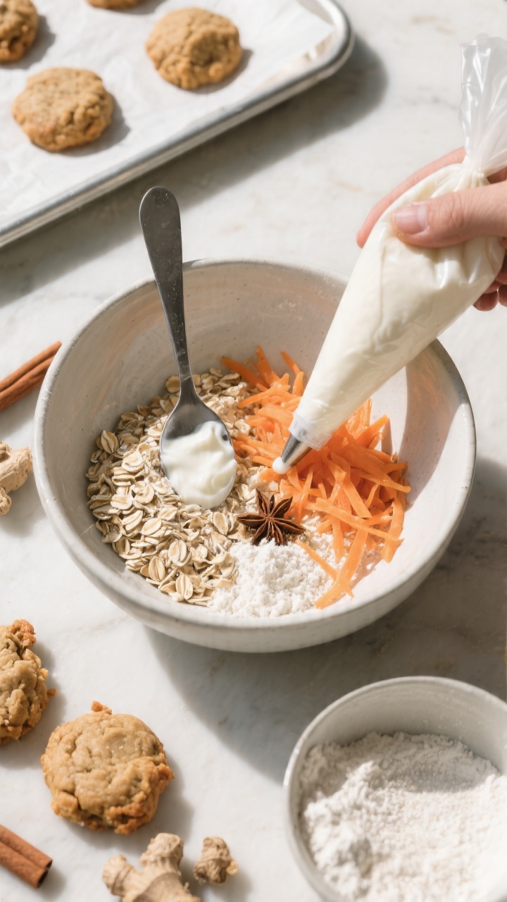 Ingredient-prep overhead of Chewy Carrot Cake Cookies in progress: a mixing bowl with coarse pulsed rolled oats and white whole wheat flour, grated carrot ribbons scattered, pinches of cinnamon and ginger, baking powder ready; a piping bag or small spoon with tangy yogurt drizzle nearby; a few formed dough mounds on a parchment tray to show texture; bright, wholesome vibe with natural daylight and crisp shadows.