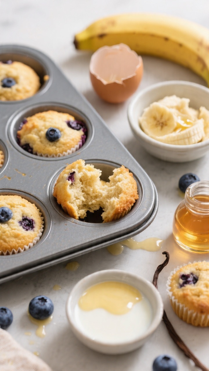 Ingredient-to-final transition scene for blueberry-banana mini muffin bites, 45-degree angle: a nonstick mini muffin tin holding golden, puffed bites with visible blueberries, set beside small bowls containing mashed ripe banana, a cracked large egg, milk, melted butter, sugar (or honey/maple), and vanilla extract; a few loose blueberries scattered, drips of batter on the rim for authenticity; soft morning light, breakfast-to-go vibe, crisp focus on the tender crumb where one muffin is torn open.