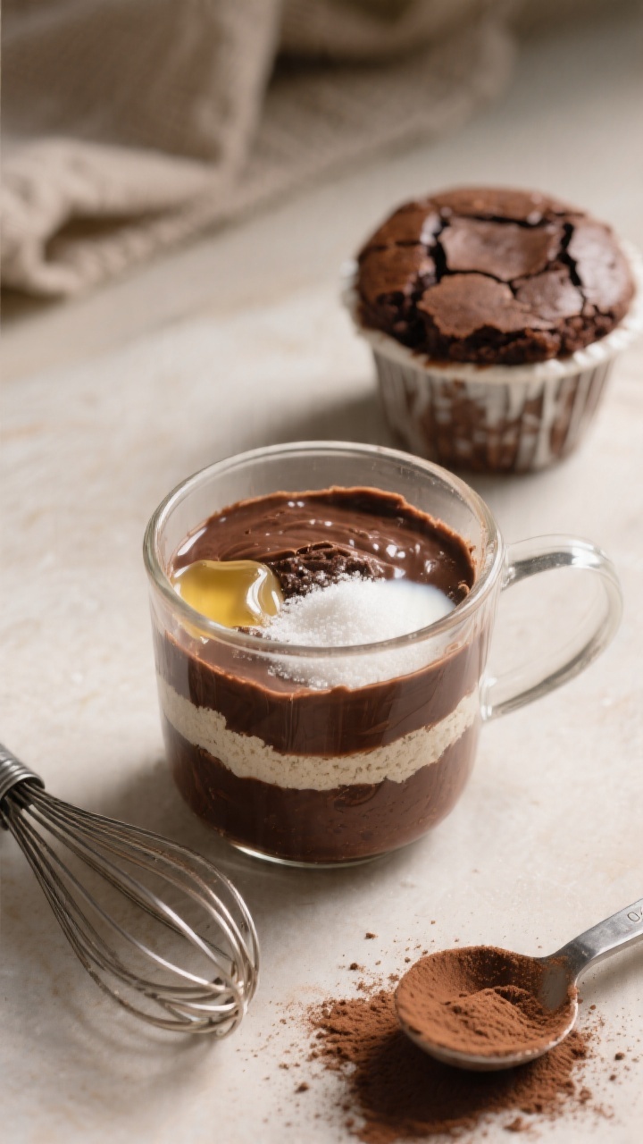 Ingredient-to-mug process shot at a 45-degree angle: a transparent mug filled with batter for mini mug brownies showing layers of cocoa-dark mixture made from all-purpose flour, unsweetened cocoa powder, sugar, a pinch of salt, vegetable oil (or melted butter), and milk; a small whisk resting nearby, measured spoons dusted with cocoa, and a finished gooey-centered brownie mug in the background with a cracked top and moist crumb; cozy, soft lighting highlighting glossy batter and fudgy texture.