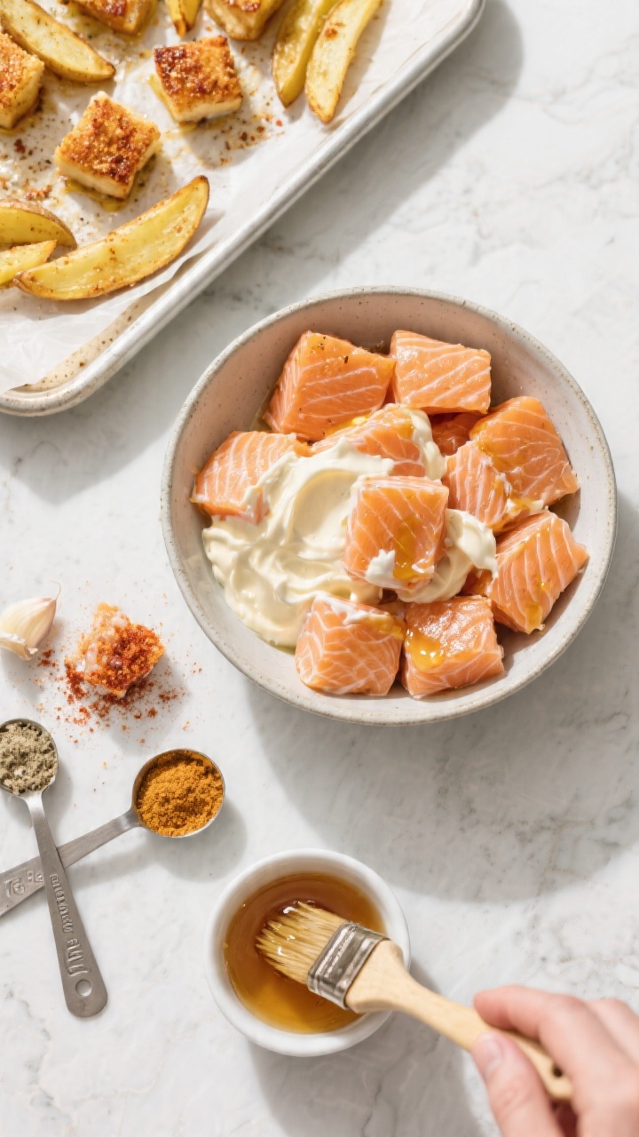 Ingredients and process flat lay for crispy honey-garlic salmon bites with potato wedge “fries.” Raw, skinless salmon cubes (1-inch) in a bowl tossed with mayonnaise, Dijon (optional), garlic powder, onion powder, salt, and a hint of paprika; a small dish of honey-garlic glaze nearby. On a separate parchment-lined tray, seasoned golden potato wedges ready to roast. Include measuring spoons with spices, a brush for glazing, and a small ramekin of honey. Bright, clean overhead composition on a light stone surface, vibrant salmon color and spice textures in crisp focus, no hands, professional styling suggesting crunch and gloss in the final bake.