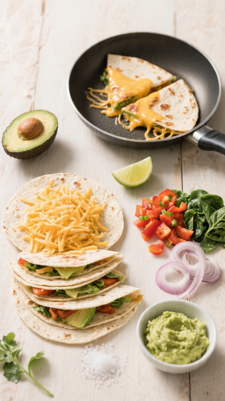 Ingredients-focused flat lay for cheesy veggie quesadillas with avocado lime dip: four flour tortillas stacked, a generous mound of shredded Monterey Jack, neat piles of finely chopped bell pepper, spinach, and mild onion; a halved avocado, a cut lime, a pinch of salt, and a small bowl ready for mashing the dip; a nonstick skillet and a folded, cheese-stuffed tortilla partially toasted to show oozy melted cheese strings; bright, fresh colors on a light wood surface, crisp natural light highlighting textures.