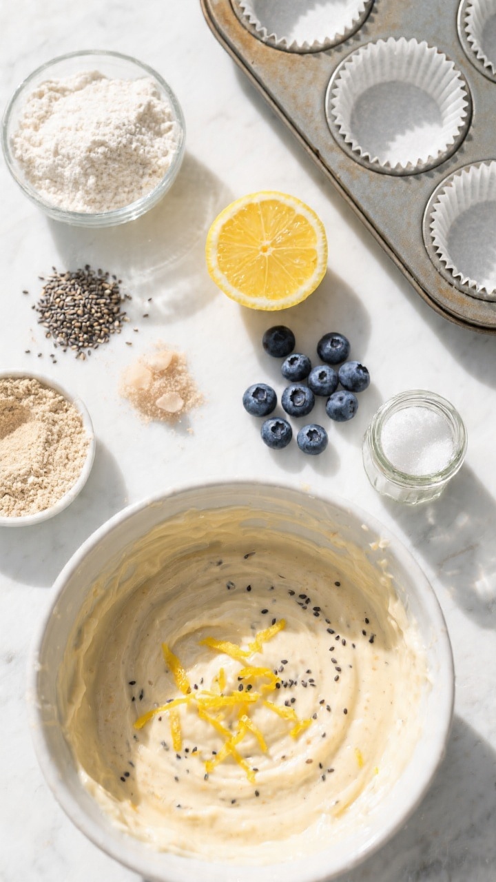 Ingredients-focused overhead shot for Blueberry Lemon Sunshine Muffins, showcasing a tidy mise en place: white whole wheat flour, fine almond flour, chia seeds, baking powder, baking soda, a pinch of fine salt, a zested lemon with bright curls of zest, halved fresh blueberries, and a small jar of sugar. Include a mixing bowl with batter just folded—streaks of lemon zest and chia visible—plus a muffin tray lined and ready; bright, sunny lighting to emphasize the lemon-blueberry color contrast.
