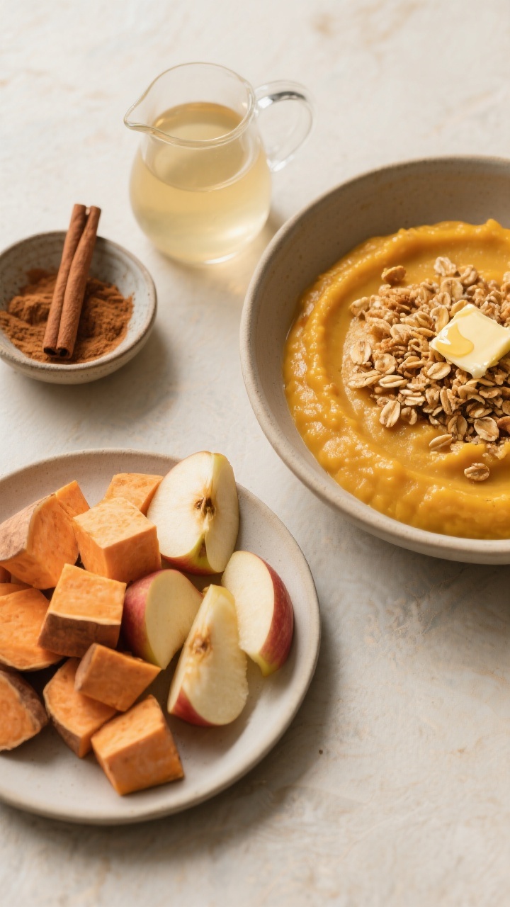 Ingredients-to-final transition overhead: left side shows peeled cubed sweet potato and chopped apples with a pinch bowl of ground cinnamon and a small jug of water/unsweetened apple juice; right side features a shallow bowl of silky sweet potato-apple purée topped with a buttery cinnamon oat crumble (golden, nubby clusters), a tiny pat of melted unsalted butter sheen; warm autumnal tones, matte ceramic, soft natural light highlighting the creamy-smooth vs crunchy contrast.