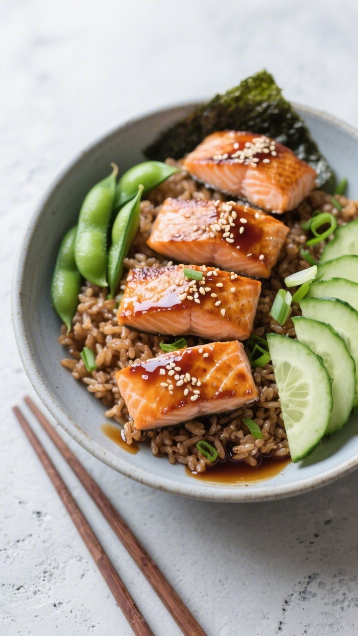 Minimalist 45-degree plated presentation of salmon teriyaki bowls: four portions of seared salmon with lacquered teriyaki glaze and a sprinkle of sesame seeds, arranged over fluffy brown rice, with bright green edamame and thinly sliced cucumber fanned along the side. A small drizzle of sauce pools slightly on the rice; nori strips and scallions as optional garnishes. Served in a matte ceramic bowl on a light concrete surface, chopsticks resting nearby. Crisp, fresh mood with cool lighting to emphasize cucumber crunch and the glossy salmon glaze.