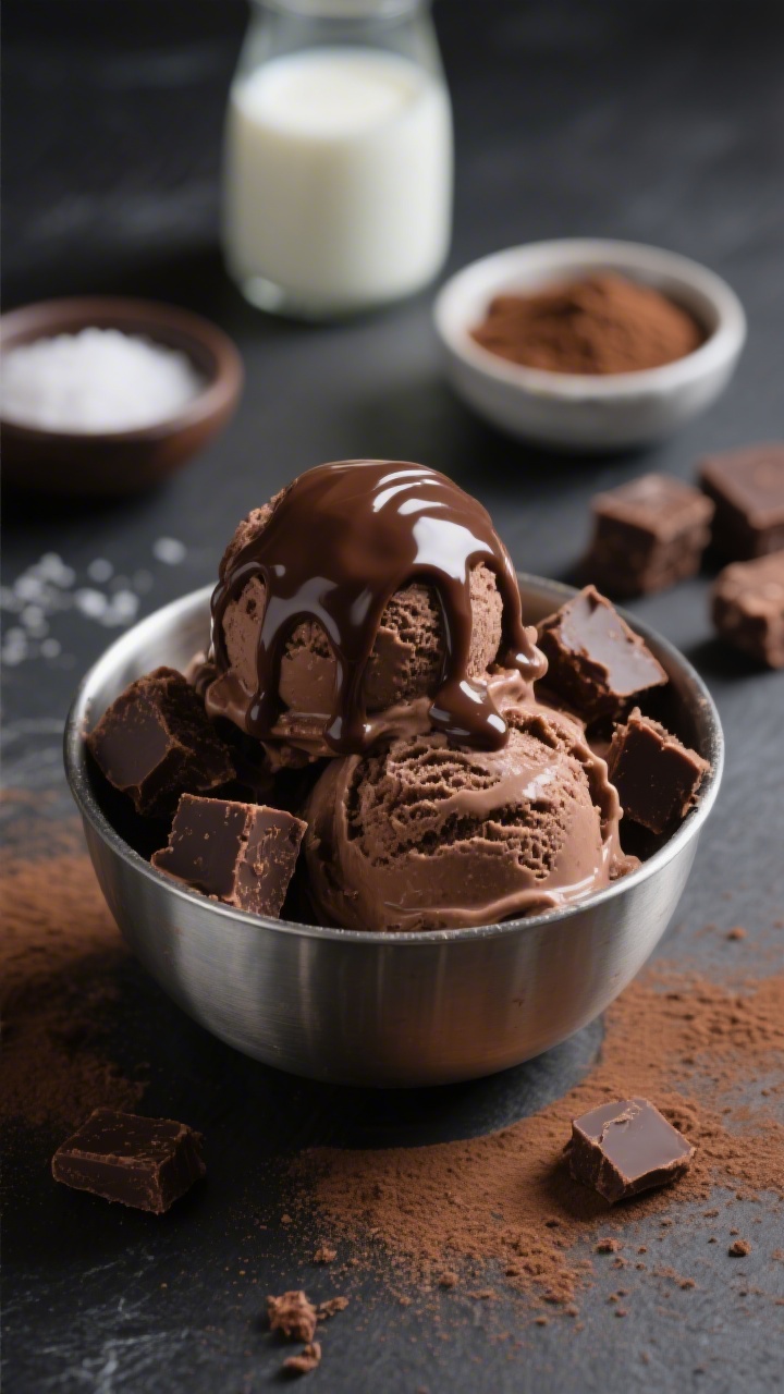 Moody 45-degree close-up of the “Double Chocolate Fudge Shake-Up” final scoop in a chilled metal bowl: ultra-creamy chocolate ice cream with visible cocoa richness, a glossy ribbon of chocolate syrup drizzled over top, and chunky brownie bite pieces folded throughout and scattered around. Dark slate background, soft side light to accent fudgey sheen, a dusting of cocoa powder on the surface, small bowls of ingredients in the background slightly out of focus: heavy cream, milk, granulated sugar, cocoa powder, pinch dish of salt, and chopped brownie cubes.