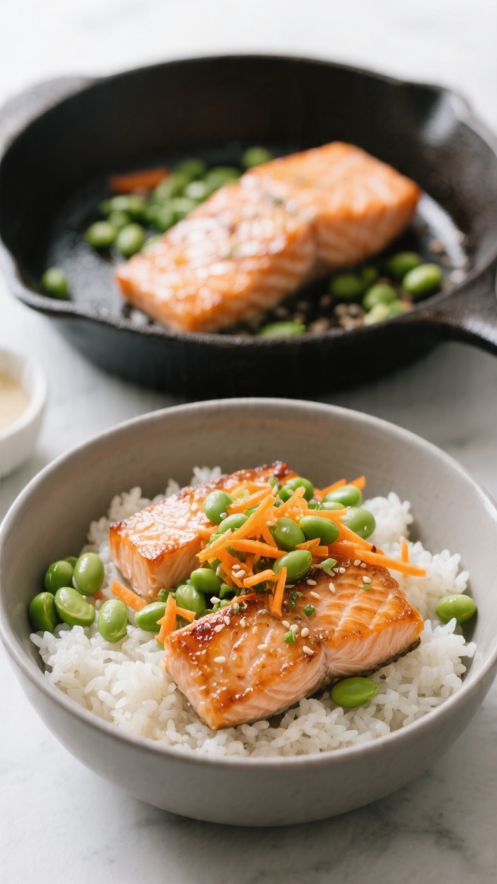 One-pan salmon rice bowls at a straight-on angle: flaky salmon fillet pieces with lightly crisped edges nestled over warm short-grain rice, topped with a colorful confetti of shelled edamame and finely grated/matchsticked carrot; served in shallow matte bowls with a minimal drizzle of light soy or sesame oil glaze on the salmon; a cast-iron skillet with the just-cooked salmon in the background to hint at the cooking method; clean, bright styling, balanced greens and oranges popping against white rice.