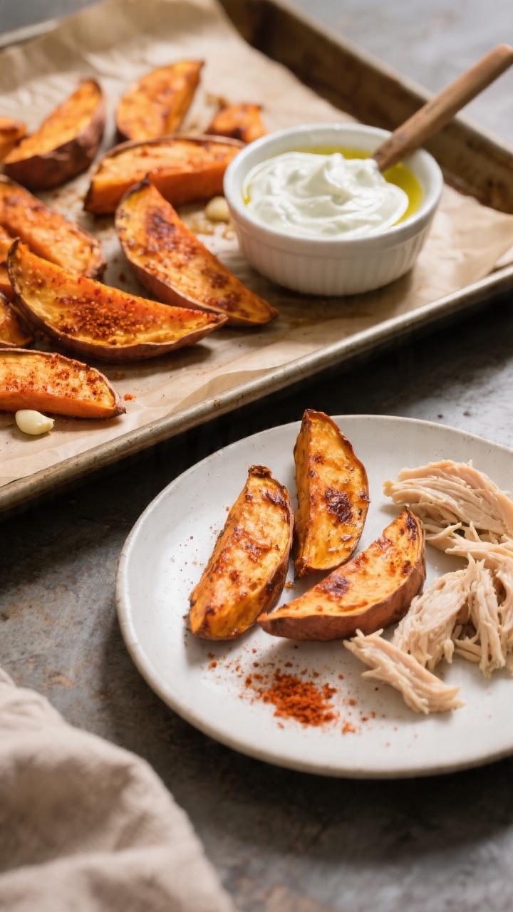 Overhead action shot of Sweet Potato “Dippers” with Yogurt Ranch and Chicken: roasted thick sweet potato wedges (paprika, garlic powder, pinch of salt) with caramelized edges arranged on a parchment-lined sheet pan, alongside a small bowl of creamy yogurt ranch. A separate plate shows a few dippers paired with tender cooked shredded chicken. Sprinkle of paprika on the dip, a brush of olive oil sheen on wedges. Rustic, warm lighting, crisp textures emphasized, no hands.