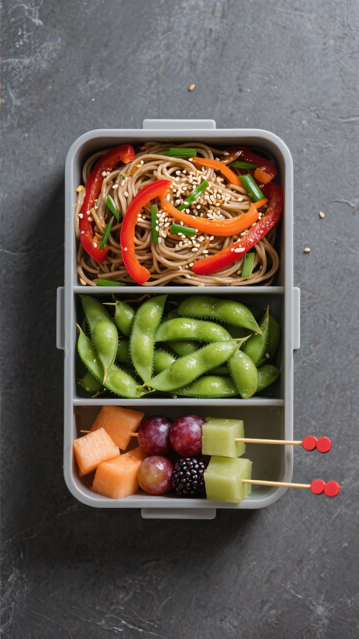 Overhead bento-style flat lay: neatly partitioned lunchbox with sesame whole-wheat or soba noodles tossed with thinly sliced red bell pepper, carrot ribbons, and green onion slivers; a section of bright green shelled edamame; and mini fruit skewers (grapes, berries, or small melon cubes) for pop of color. Noodles lightly glossed, sesame seeds sprinkled, tidy composition on a matte slate background for contrast, modern minimal look.