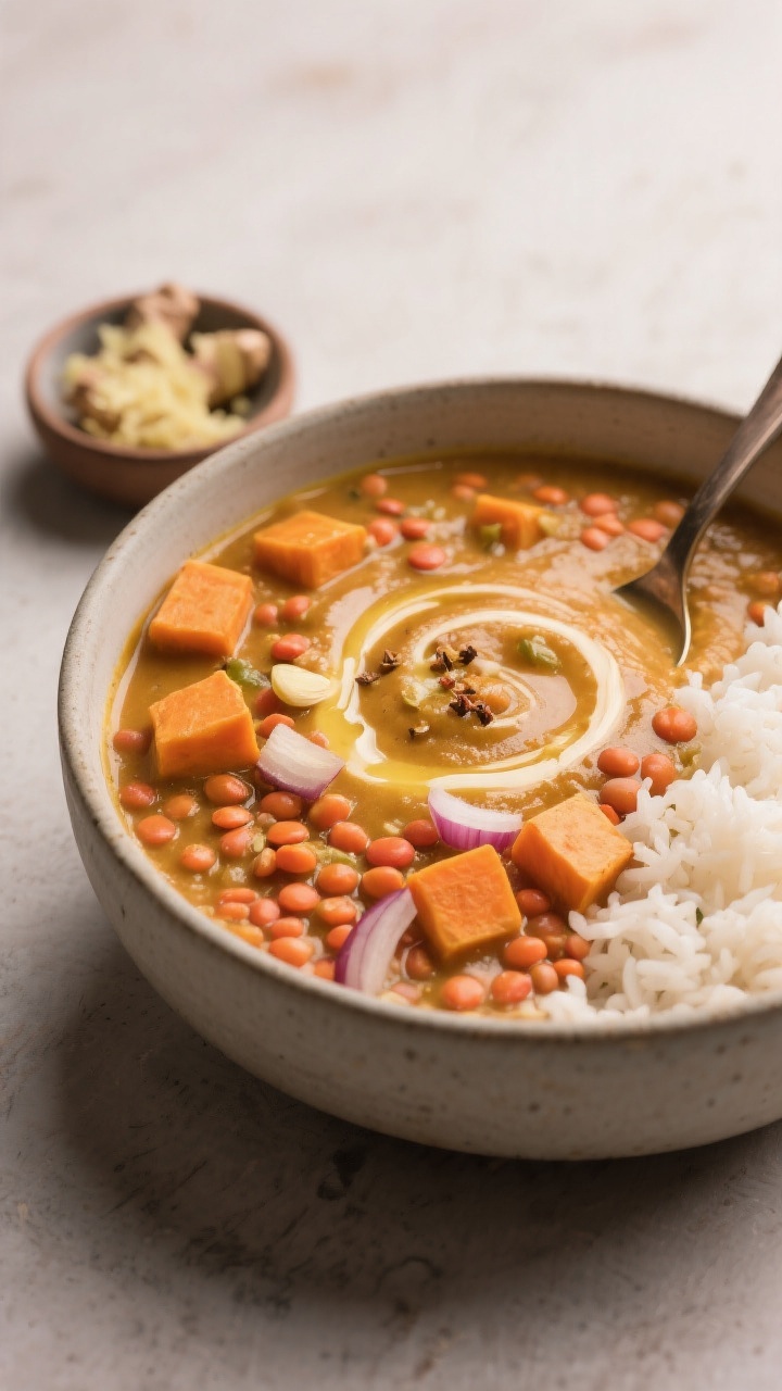 Overhead bowl shot of cozy sweet potato and lentil daal: creamy orange-gold base with visible tender red lentils, small cubes of sweet potato, and specks of onion, garlic, and ginger; a swirl of coconut oil sheen on top, tiny sprinkle of mild spices, served in a matte ceramic bowl with steamed rice on the side; include a spoon and a small pinch bowl of grated fresh ginger; soft, warm lighting for a comforting one-pot feel.