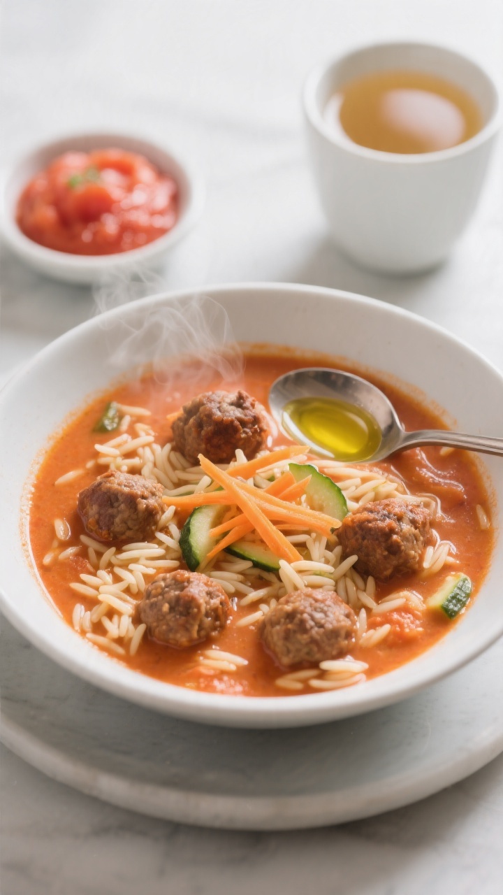 Overhead bowl shot of creamy tomato orzo soup with tiny meatballs: silky tomato broth tinted orange-red, orzo visible beneath the surface, miniature browned meatballs dotting the bowl, fine threads of grated carrot and zucchini, a swirl of olive oil on top, served in a matte white bowl with a soup spoon, small dish of tomato purée and a cup of low-sodium chicken broth in frame as styling elements, clean modern setting, gentle steam for coziness.