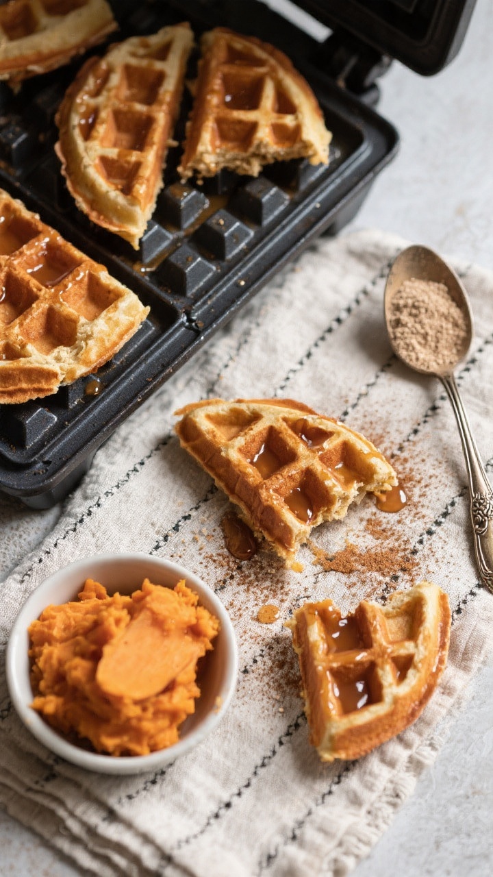 Overhead brunch scene: Bite-sized sweet potato waffles cut into quarters, glazed lightly with a glossy maple drizzle pooling in the waffle pockets; warm cinnamon dusted over, tender crumb visible on a broken piece; a small bowl of mashed roasted sweet potato, whole wheat pastry flour, and baking powder measured in vintage spoons off to the side to hint at the batter; styled on a waffle iron surface and a linen napkin, overhead for graphic waffle pattern emphasis.