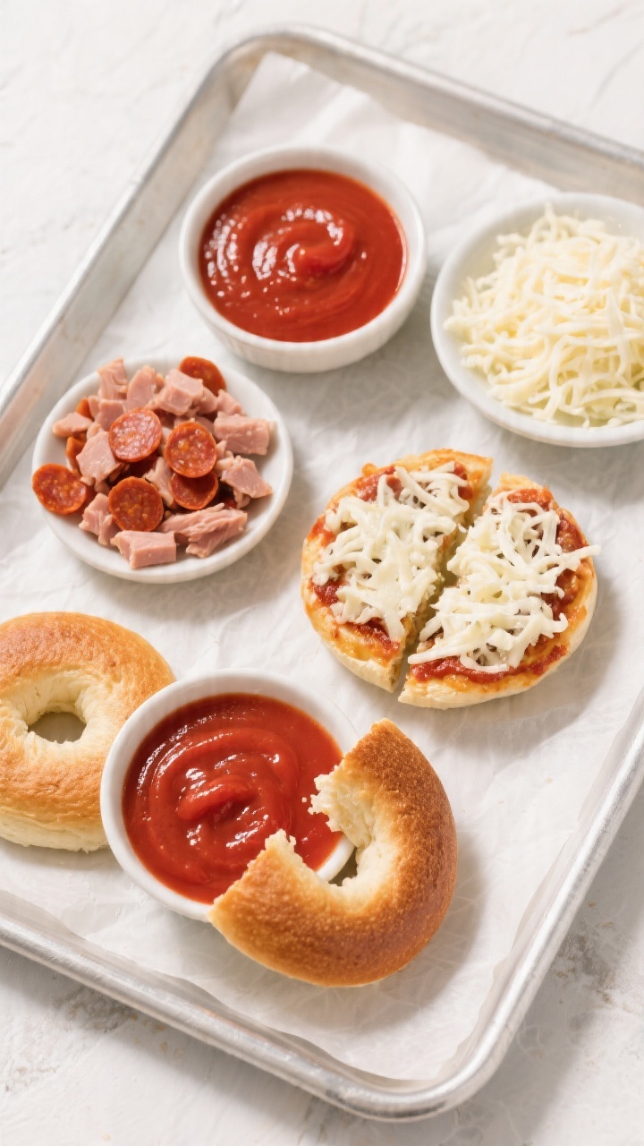 Overhead “build-your-own” ingredient kit for Mini Bagel Pizza Lunch: split mini bagels arranged with bowls of smooth pizza sauce, fluffy shredded mozzarella, and a dish of mini pepperoni/diced turkey; one bagel half sauced and topped to show assembly progression; bright red sauce gloss, milky-white cheese texture, tidy kid-friendly layout on parchment-lined tray; high-key lighting, sharp detail, vibrant yet minimal styling, no hands or people
