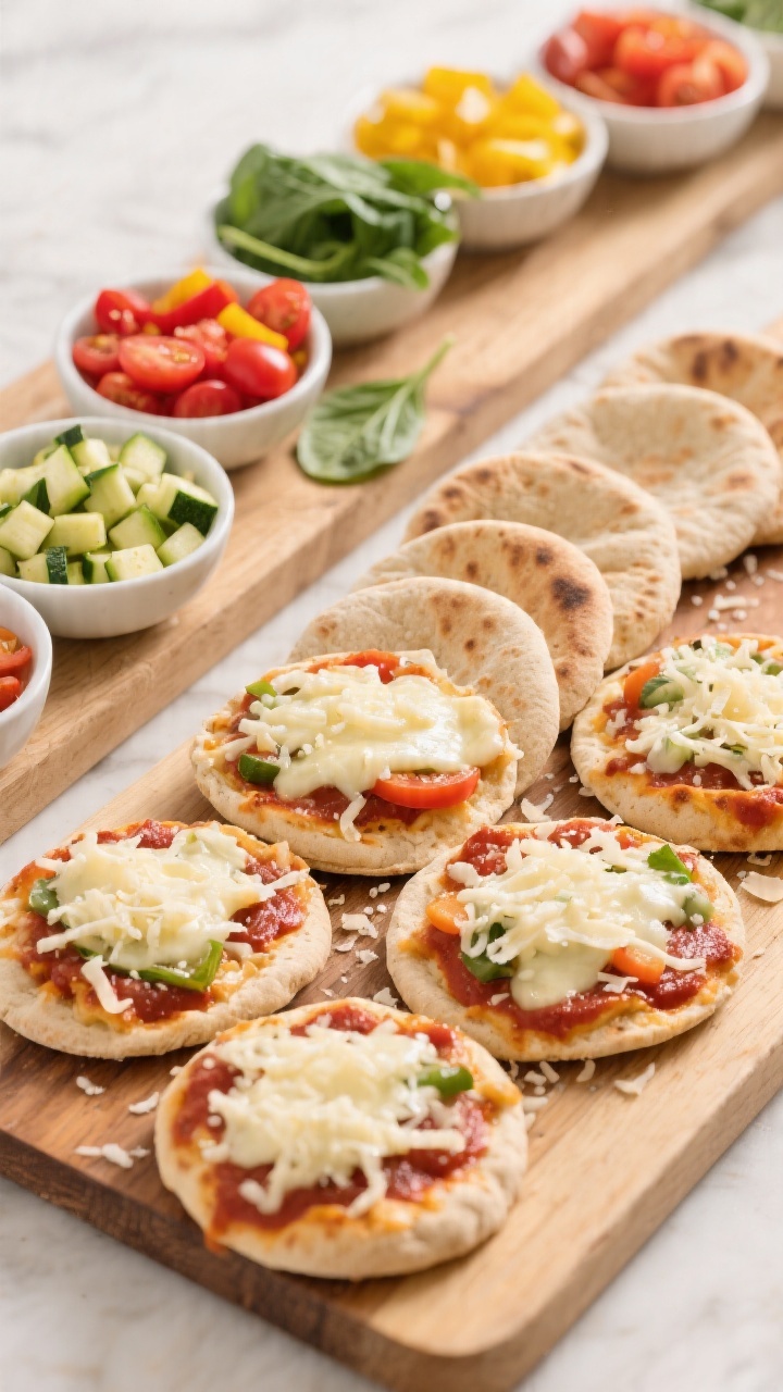 Overhead build-your-own Mini Pita Pizzas station: mini whole-wheat pitas laid out on a wooden board, some already sauced with marinara or pizza sauce and sprinkled with shredded part-skim mozzarella and grated Parmesan; small bowls of veggie “confetti” toppings—finely diced zucchini, red and yellow bell pepper bits, cherry tomato halves, and baby spinach ribbons—arranged in a colorful semicircle; a few finished mini pizzas with melted, bubbly cheese and bright veggies; clean, family-friendly vibe with high-key lighting and sharp detail on grains of the pita and stretchy cheese.