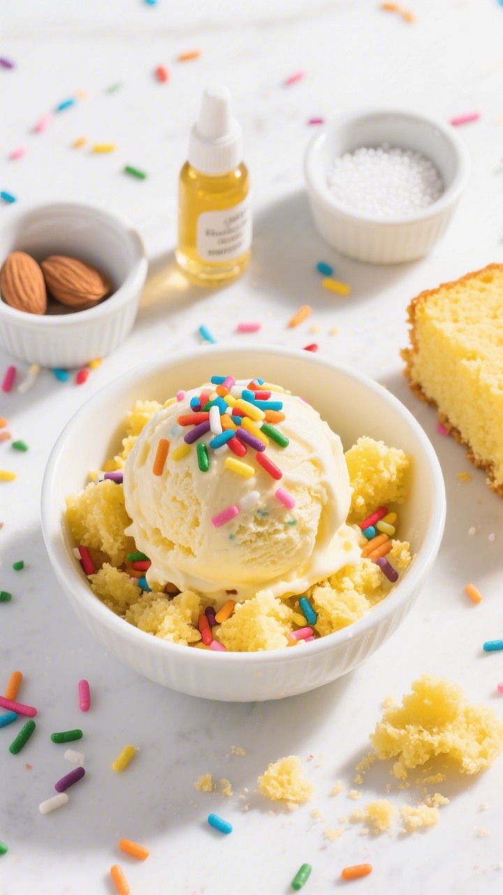 Overhead celebratory scene for Birthday Cake Confetti ice cream: a round scoop in a white bowl topped with vibrant rainbow sprinkles, with yellow cake crumbs folded through the ice cream; include small bowls of granulated sugar, vanilla and almond extract vials, and a pinch bowl of fine salt; a scattering of extra sprinkles and a slice of yellow cake crumb on the side; lively, high-key lighting with colorful confetti styling, crisp focus on creamy texture and cake bits.