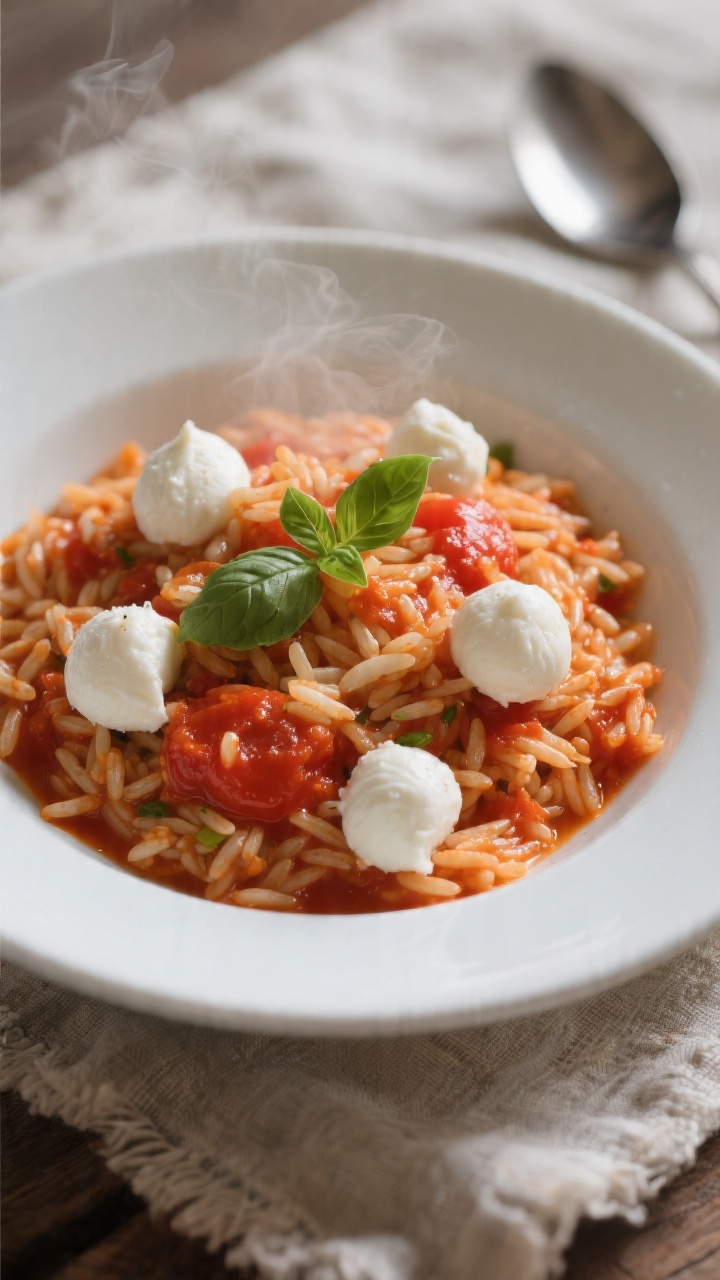 Overhead cozy bowl of tomato-basil orzo with mini mozzarella “snowballs.” Silky orzo cooked in chicken or vegetable broth with olive oil, butter, and a very finely minced shallot/onion, coated in smooth tomato sauce/passata for a glossy red-orange sheen. Dot with small mozzarella balls that look like “snowballs,” gently melting at the edges, and a few small torn basil leaves. Presented in a wide white bowl on a rustic linen, steam subtly visible, spoon at the side, soft diffused light highlighting creamy, saucy texture and comforting mood.