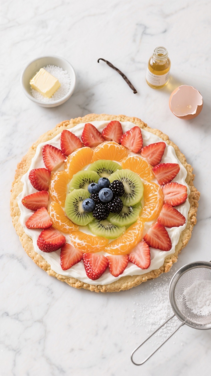 Overhead flat lay of a finished rainbow fruit pizza on a soft sugar cookie crust, arranged in concentric color bands: sliced strawberries, mandarin segments, kiwi, blueberries, and blackberries over a creamy white topping; the sugar cookie crust edge slightly golden with fine crumb; nearby props include a small bowl of granulated sugar, a pat of softened butter, a vanilla extract bottle, a cracked egg, and a sieve with a hint of baking powder dust; vibrant, glossy fruit, crisp styling on white marble.