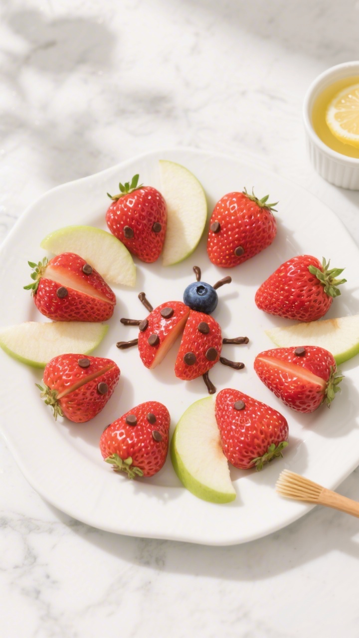 Overhead flat lay of a playful “strawberry ladybug” snack arranged on a white ceramic platter: 8 hulled large strawberries slit and fanned for wings, mini chocolate chips dotted as spots, a single blueberry set at the tip of each strawberry for the head, and thin green apple half-moon slices tucked beneath as little wings or flight trails; a small ramekin of lemon juice with a pastry brush nearby to prevent browning; bright, natural daylight, clean marble surface, crisp focus on glossy strawberry skins and matte chocolate chip textures, no people, vibrant kids-snack mood.