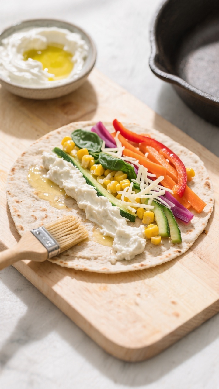 Overhead flat lay of a rainbow veggie quesadilla being assembled on a light wooden board: an 8-inch whole-wheat tortilla spread with a thin layer of mashed no-salt-added white beans mixed with a touch of plain Greek yogurt, drizzled lightly with olive oil; arranged colorful veggie strips in a rainbow (red bell pepper, orange carrot, yellow corn, green spinach/zucchini), and a sprinkle of shredded mild cheese on one half before folding. Include a small bowl of the white bean-yogurt spread, a brush with olive oil sheen, and a skillet off to the side, bright natural light, crisp textures, kid-friendly vibe.