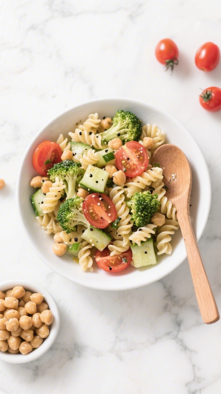 Overhead flat lay of a veggie-packed pasta salad in a wide white bowl: rotini tossed with chickpeas, halved cherry tomatoes, diced cucumber, and finely chopped steamed broccoli florets; light vinaigrette sheen, flecks of black pepper; a wooden spoon partially in frame, a small dish of extra chickpeas and a few cherry tomatoes scattered around; clean marble surface, bright and airy styling, saturated but natural tones.
