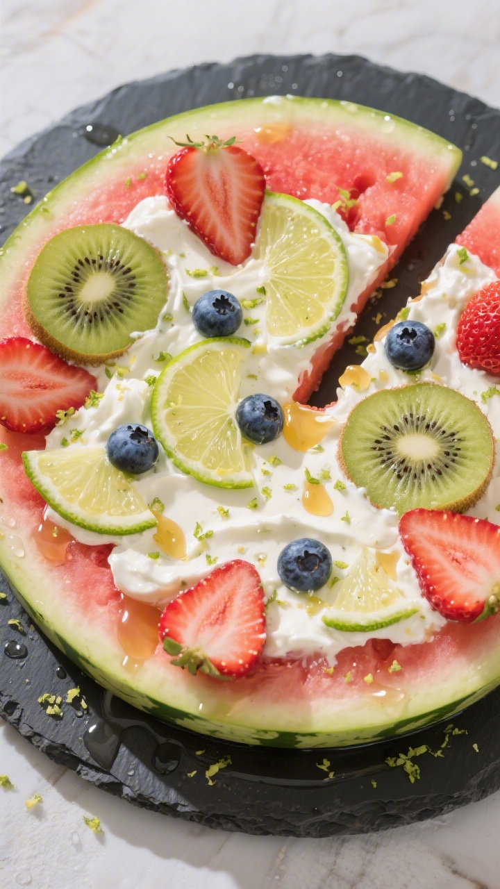 Overhead flat lay of a “watermelon pizza” on a round slate board: a thick, seedless watermelon wheel topped with a fluffy lime-honey Greek yogurt “cheese,” visibly speckled with lime zest. Artful wedges garnished with sliced strawberries, kiwi half-moons, and scattered blueberries; a glossy honey drizzle and extra lime zest over the top. Clean, summery styling with bright natural light and condensation on the melon for freshness.