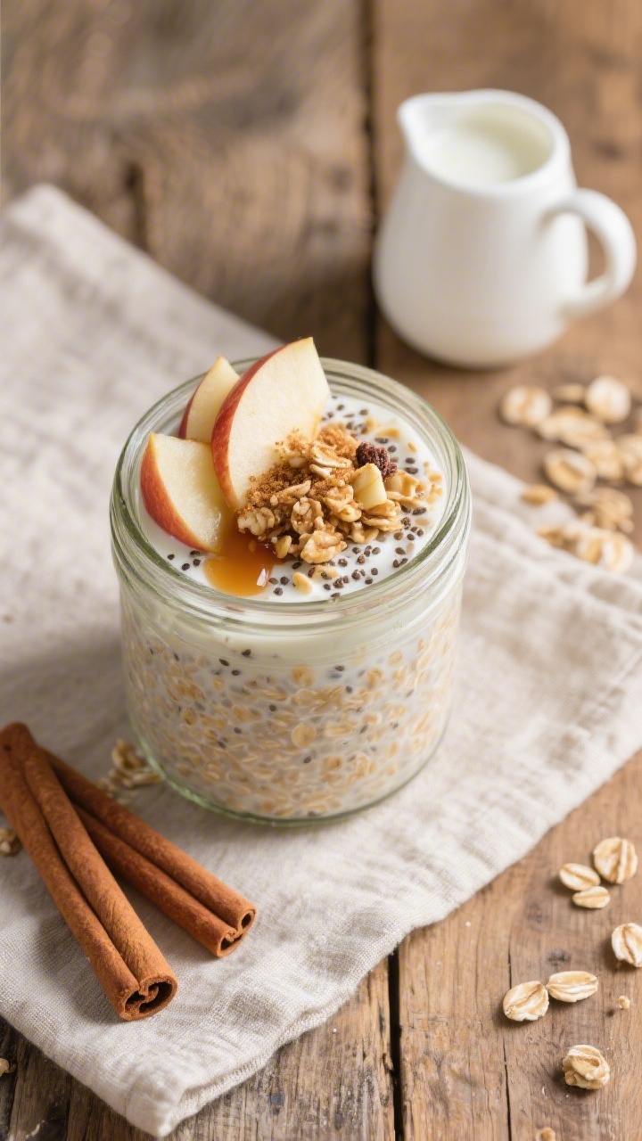 Overhead flat lay of apple-cinnamon overnight oats in a wide-mouth jar: thick, creamy rolled oats mixed with milk, Greek yogurt, chia seeds, and a drizzle of maple syrup, topped with finely diced fresh apple, a sprinkle of ground cinnamon, and a crunchy granola or toasted oat topping; cinnamon sticks and a small pitcher of milk nearby; neutral linen and rustic wood surface, natural morning light, strong texture contrast between creamy oats and crisp topping