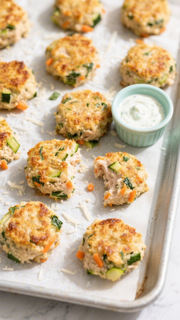 Overhead flat lay of baked creamy chicken veggie bites on a parchment-lined sheet pan: golden-brown mini patties made from ground chicken, finely grated zucchini (visible green flecks), grated carrot (orange specks), very finely chopped spinach, plain breadcrumbs, and a light sprinkle of grated parmesan; a small ramekin of yogurt ranch dip on the side, a child-friendly portion in a small pastel plate, soft natural daylight, clean neutral backdrop, crisp textures with moist interior visible in one broken-open bite.