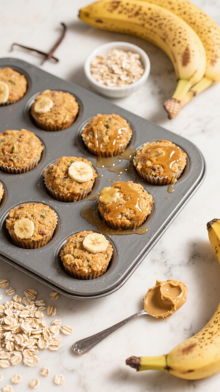Overhead flat lay of Banana Oat Blender Bites fresh from a mini muffin tin: golden, oat-flecked mini muffins with visible banana specks, a drizzle of maple syrup glistening on a few, and a spoonful of creamy almond butter on the side; include raw elements around the scene—spotty ripe bananas, a small pile of old-fashioned oats, a tiny bowl of vanilla, and a squeeze bottle of honey; styled on a light marble surface with warm morning light, soft shadows, and a clean, family-friendly vibe.