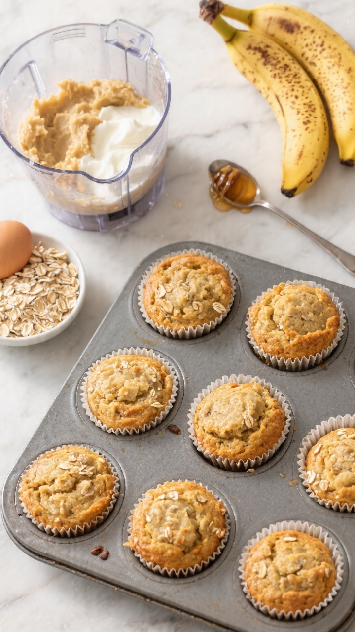 Overhead flat lay of Banana Oat Blender Muffins fresh out of the pan, golden-topped and moist, with visible oat flecks. Include a glass blender jar with remnants of mashed very ripe banana, rolled oats, Greek yogurt, eggs, and a drizzle of maple syrup on a spoon. Style with a muffin tin lined with parchment cups, a small bowl of old-fashioned rolled oats, and a few peeled, spotty bananas; warm morning light on a light marble surface, crisp focus, no people.