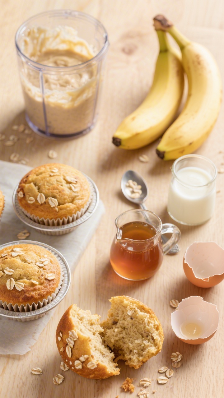 Overhead flat lay of Banana Oat Blender Muffins fresh from the tin, golden and domed with visible oat flecks, styled on a light maple-wood surface. Include a glass blender jar smeared with banana-oat batter, two large ripe bananas, a small pitcher of pure maple syrup, a spoonful of plain Greek yogurt, a splash of milk in a mini beaker, and two cracked eggshells. Soft morning light, warm tones, clean kid-friendly vibe; show one muffin torn open to reveal moist, pancake-like interior.