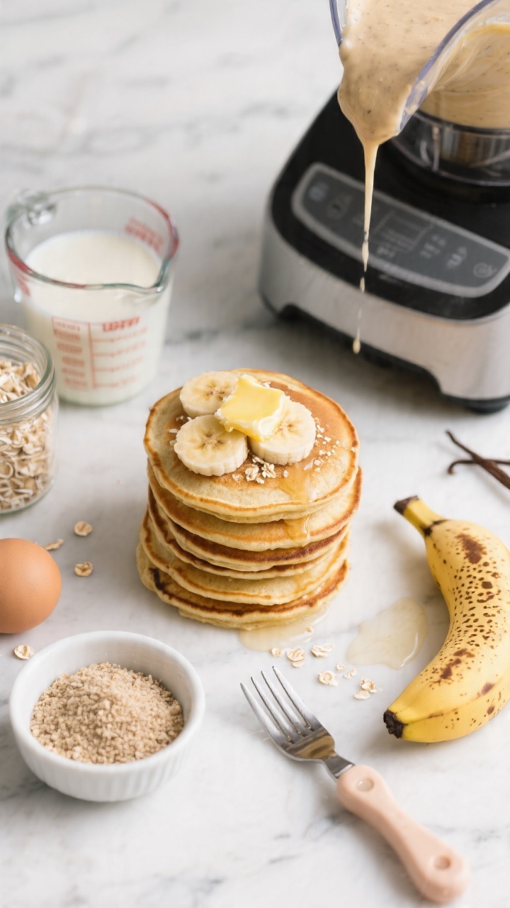 Overhead flat lay of Banana Oat Blender Pancakes: a stack of small golden pancakes made from a blended batter of 1 large ripe spotted banana, 1 egg (with a small dish of ground flax and water nearby to hint at the flax-egg option), and 1/2 cup plain yogurt; include a glass measuring cup of milk as an alternative, a jar of rolled oats, vanilla hint, and a high-speed blender with a bit of creamy batter dripping from the spout. Style on a light marble surface with a toddler-friendly small fork, a drizzle of warm butter melting on top, banana slices and a sprinkle of oat crumbs for texture, soft morning light, no people.