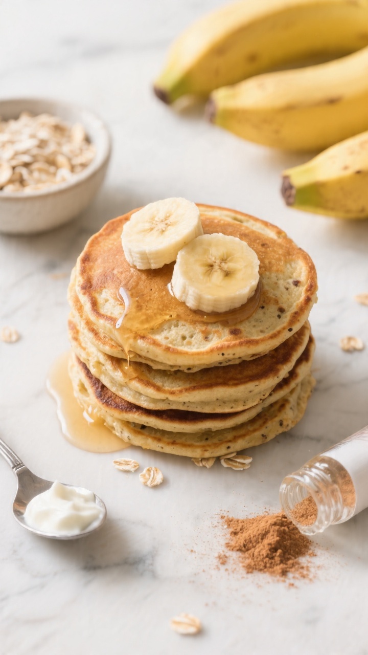 Overhead flat lay of Banana Oat Blender Pancakes that look like banana bread: a stack of small golden-brown pancakes with visible oat flecks, topped with banana slices and a light drizzle of maple syrup, dusting of cinnamon; surrounding props show key ingredients—ripe bananas, a small bowl of rolled oats, a spoonful of Greek yogurt, vanilla extract vial, and a pinch of baking powder—on a light marble surface; warm natural light, soft shadows, crisp texture on pancake edges, kid-friendly cozy mood, no people.
