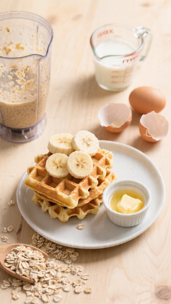 Overhead flat lay of Banana Oat Blender Waffles fresh off the iron, golden and crisp-edged, stacked on a small kid-friendly white plate with sliced ripe spotty bananas fanned on top; a small ramekin of melted coconut oil/butter glistening nearby, rolled oats scattered, a blender jar with oat-speckled batter residue, two cracked eggshells, and a splash of milk in a clear measuring cup; warm, natural morning light on a light wood surface, no syrup visible to emphasize naturally sweet bananas and oats.