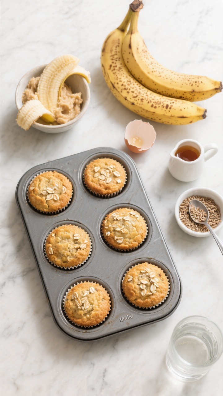 Overhead flat lay of Banana Oat Mini Muffins cooling in a mini muffin tin on a light marble surface, golden tops with visible oat flecks; surrounding ingredients styled neatly: 2 large very ripe bananas mashed in a small bowl (show speckled peels nearby), a ramekin of unsweetened applesauce, a cracked egg with shell, a tiny pitcher with maple syrup, and a pinch bowl of ground flax with a spoon and a glass of water to imply flax egg option. Soft morning light, minimal props, warm cozy toddler-snack vibe, crisp professional detail.