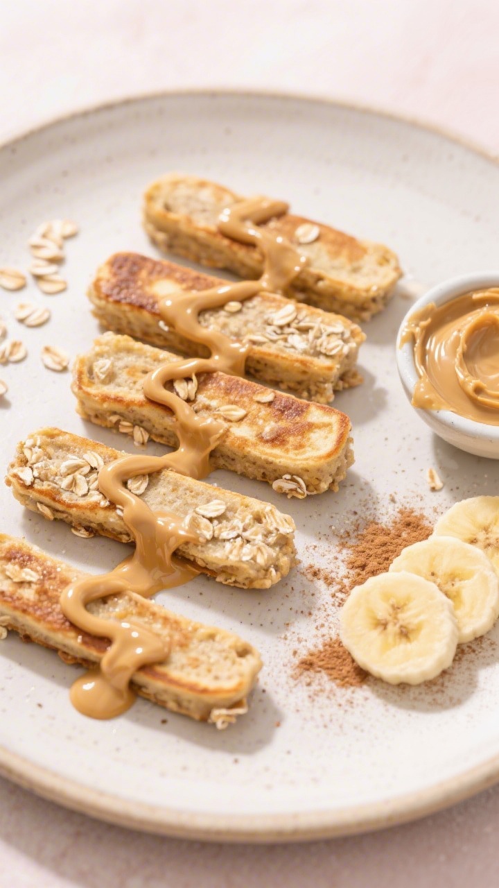 Overhead flat lay of banana oat pancake fingers with sunbutter drizzle: rectangular pancake strips made from mashed banana, rolled oats, plant milk, ground flaxseed, baking powder, and cinnamon, seared to a light golden brown with visible oat texture. Artful zigzag of glossy sunflower seed butter on top, a small dish of extra sunbutter to the side, plus a few banana slices and a dusting of cinnamon. Neutral ceramic plate on a matte pastel background, bright morning light to suggest a toddler-friendly breakfast.