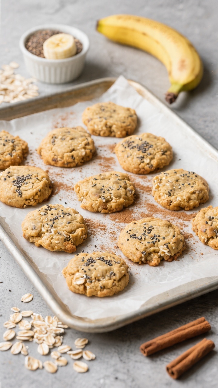 Overhead flat lay of Banana Oat Softies With Hidden Chia Crunch on a parchment-lined sheet pan, golden and slightly rustic mounds with visible quick oats, specks of chia seeds, and a dusting of ground cinnamon; props include a small bowl of mashed ripe banana, a ramekin of ground flaxseed, scattered rolled oats, and a pinch of cinnamon on a cool gray stone surface; soft morning light, minimal, cozy toddler-friendly vibe, crisp focus on the cookie texture and “hidden” chia crunch.