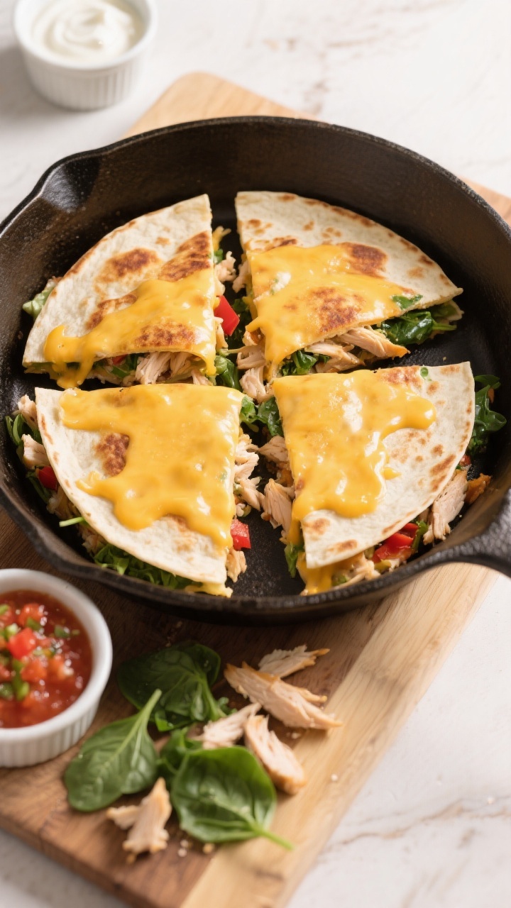 Overhead flat lay of cheesy chicken veggie quesadillas on a warm cast-iron skillet: golden-browned 8-inch flour tortillas folded and cut into neat triangles, gooey melted mild cheddar/Monterey Jack stretching at the cut edges, finely chopped rotisserie chicken tucked in with flecks of baby spinach and bits of finely diced red bell pepper (optional veg vibe), light sprinkle of extra cheese melting on top. Side ramekins with mild salsa and plain yogurt for kid-friendly dipping, a small pile of leftover chopped spinach and chicken on the board. Shot on a light wooden surface with soft daylight, no people, crisp focus, appetizing melty textures.