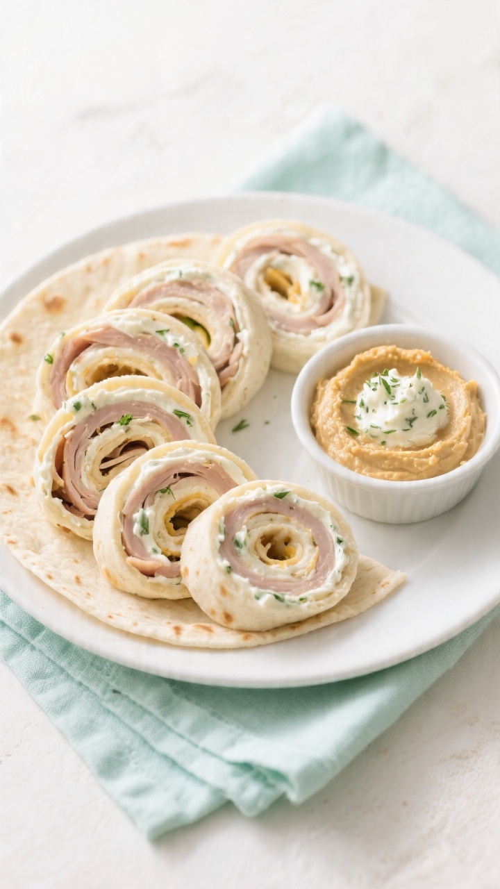 Overhead flat lay of Cheesy Turkey Pinwheel Roll-Ups sliced into tight spirals on a white platter: soft flour tortillas spread with creamy ranch-seasoned cream cheese, rolled with neatly layered deli turkey; a small bowl of extra ranch-dusted cream cheese (and a ramekin of hummus for dairy-free) on the side, visible swirls showing turkey and herbed specks, clean kid-friendly vibe, pastel napkin, bright natural light, crisp textures and glossy tortilla sheen, no people