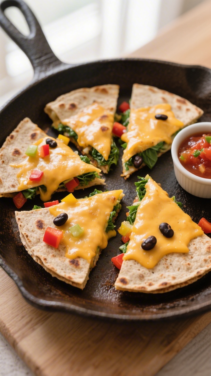 Overhead flat lay of cheesy veggie quesadilla bites on a warm cast-iron skillet: whole-wheat tortillas folded and cut into toddler-friendly triangles, gooey melted cheddar/Monterey Jack oozing at the edges, specks of finely chopped spinach, tiny red and yellow bell pepper dice, and a few glossy black beans peeking out; golden, lightly crisped tortilla surfaces with subtle char spots; styled on a light wooden surface with a small ramekin of mild salsa on the side, soft natural window light, no hands, family-friendly mood.