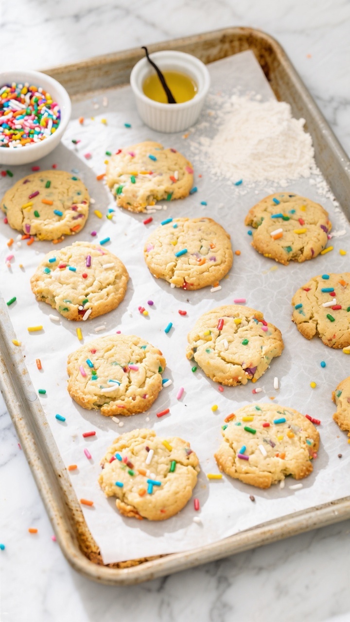 Overhead flat lay of Confetti Sprinkle Cookies on a parchment-lined baking sheet just out of the oven: golden-edged sugar cookies with rainbow sprinkles baked throughout and extra nonpareils scattered on the sheet, visible crackly tops from creamed unsalted butter and granulated sugar, a small bowl of sprinkles, a ramekin with vanilla extract, and a dusting of all-purpose flour on a cool marble surface; bright, playful styling, crisp shadows, no people.