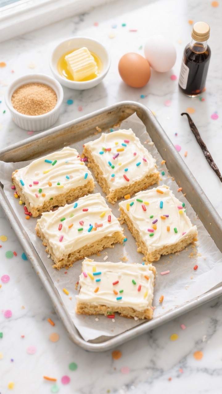 Overhead flat lay of confetti sugar cookie bars freshly sliced in a parchment-lined metal baking pan, thick buttery bars with a tender crumb, topped with a smooth vanilla frosting and loaded rainbow sprinkles; visible ingredients styled around: a small bowl of melted unsalted butter, ramekins of granulated and light brown sugar, two room-temp eggs, a bottle of vanilla extract; bright, kid-party vibe on a white marble surface with colorful confetti scattered, soft natural window light, crisp detail on sprinkle texture.